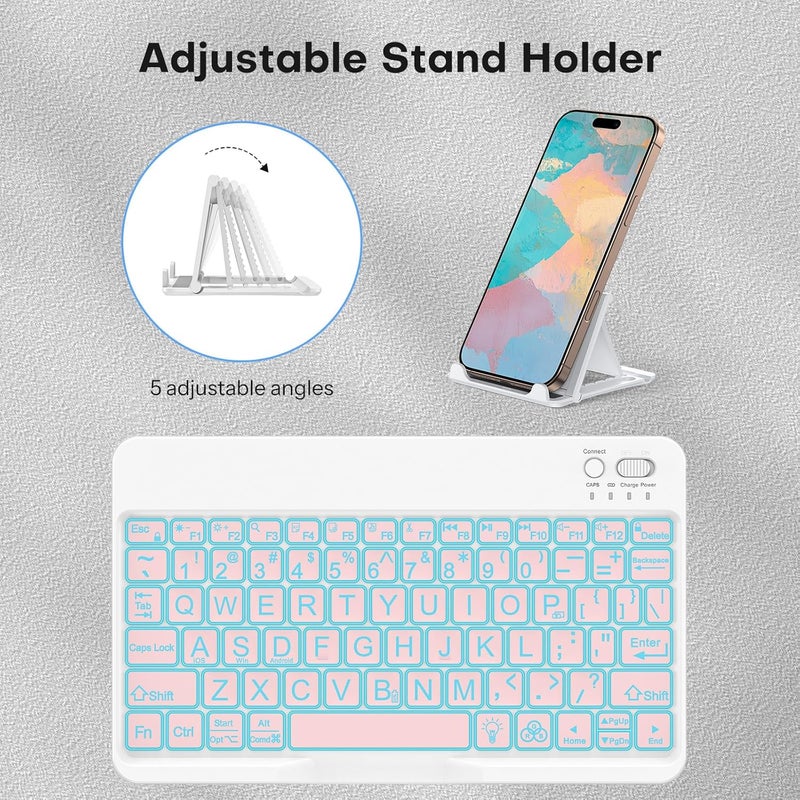 Omoton Large Print Bluetooth Keyboard for iPad iPhone Windows Tablets - 7 - Color Backlit with Enlarged Keycaps, Rechargeable Wireless Keyboard for iPad 10th/9/8/7, iPad Pro Air Mini etc (Pink) - Image 5